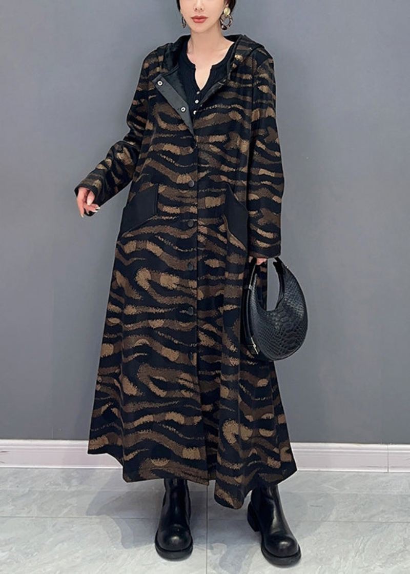 Fransk Brun Hette Print Button Cotton Lang Trench Coat Fall - Vinterfrakker for kvinner