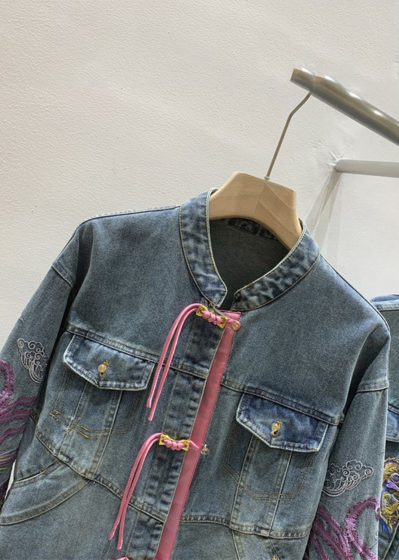 Fransk Denim Blå Brodert Knapp Langermet - Vinterfrakker for kvinner