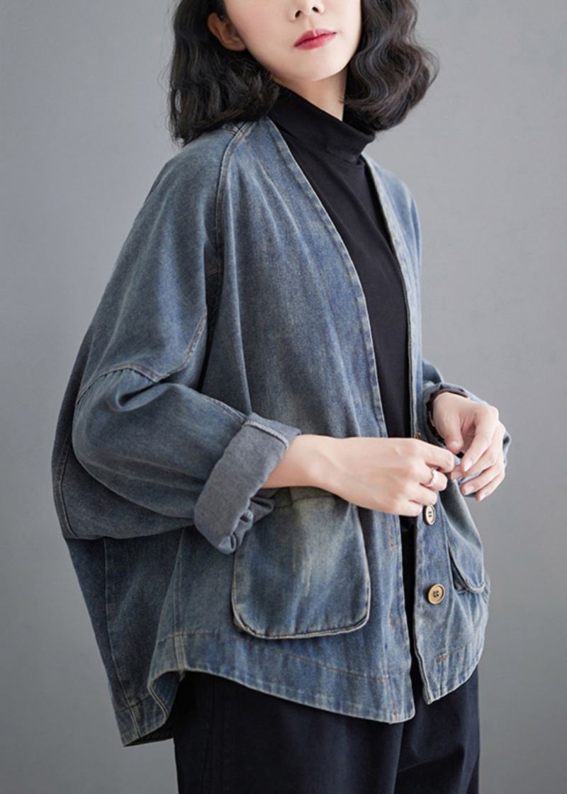 Fransk Denim Blå V-halslommer Patchwork Coat Spring