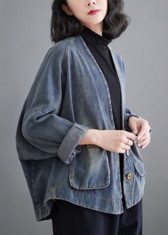 Fransk Denim Blå V-halslommer Patchwork Coat Spring