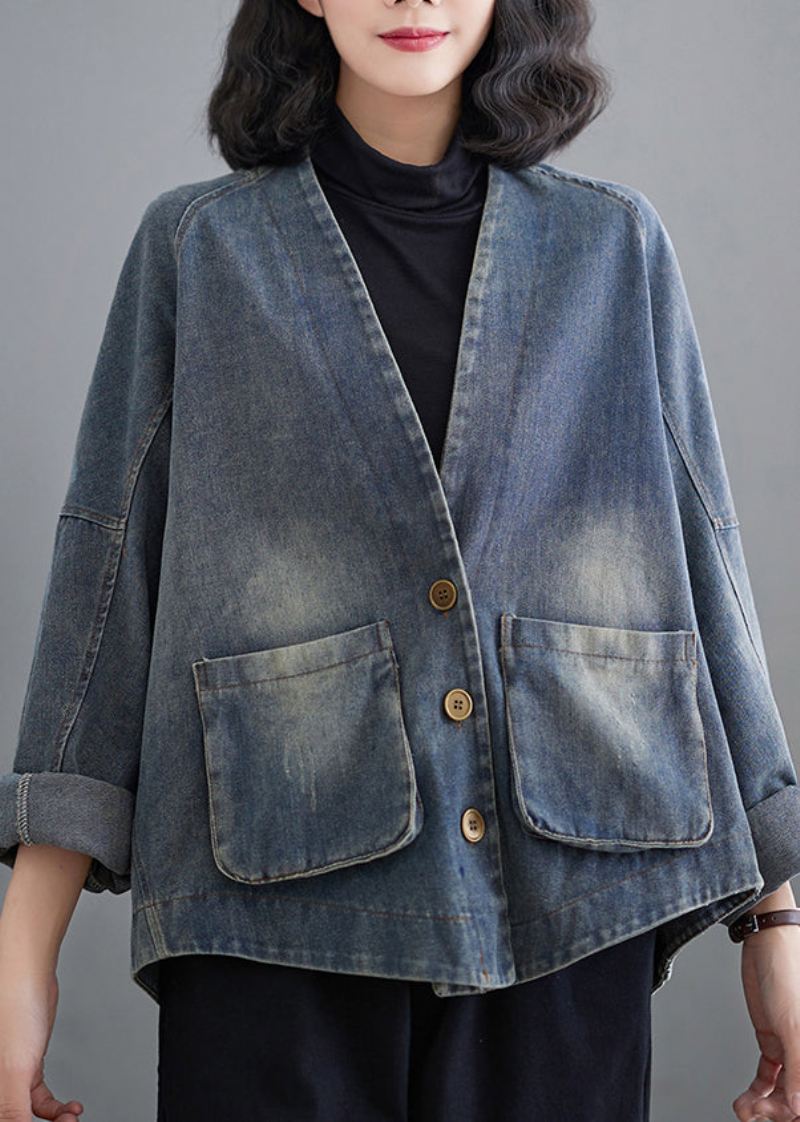 Fransk Denim Blå V-halslommer Patchwork Coat Spring - Vinterfrakker for kvinner