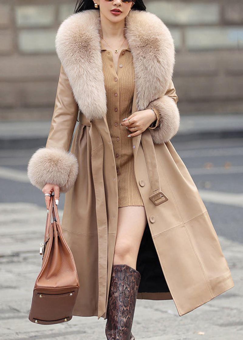 Fransk Khaki Fox Krage Tie Midje Faux Leather Coat Langermet