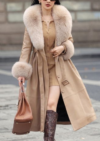 Fransk Khaki Fox Krage Tie Midje Faux Leather Coat Langermet