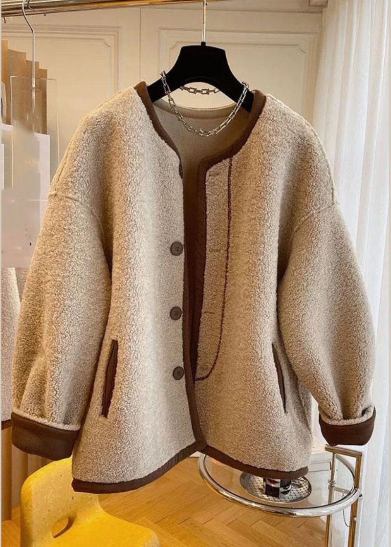 Fransk Khaki O-hals Patchwork Button Faux Fur Coats Vinter