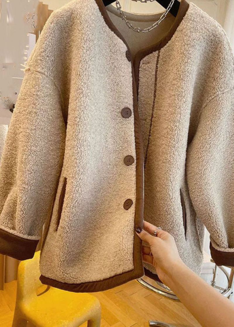 Fransk Khaki O-hals Patchwork Button Faux Fur Coats Vinter - Vinterfrakker for kvinner