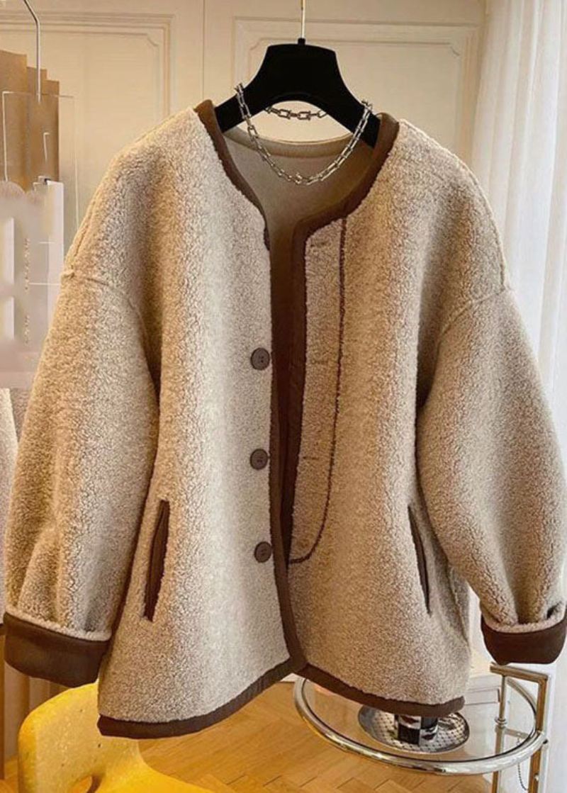 Fransk Khaki O-hals Patchwork Button Faux Fur Coats Vinter - Vinterfrakker for kvinner