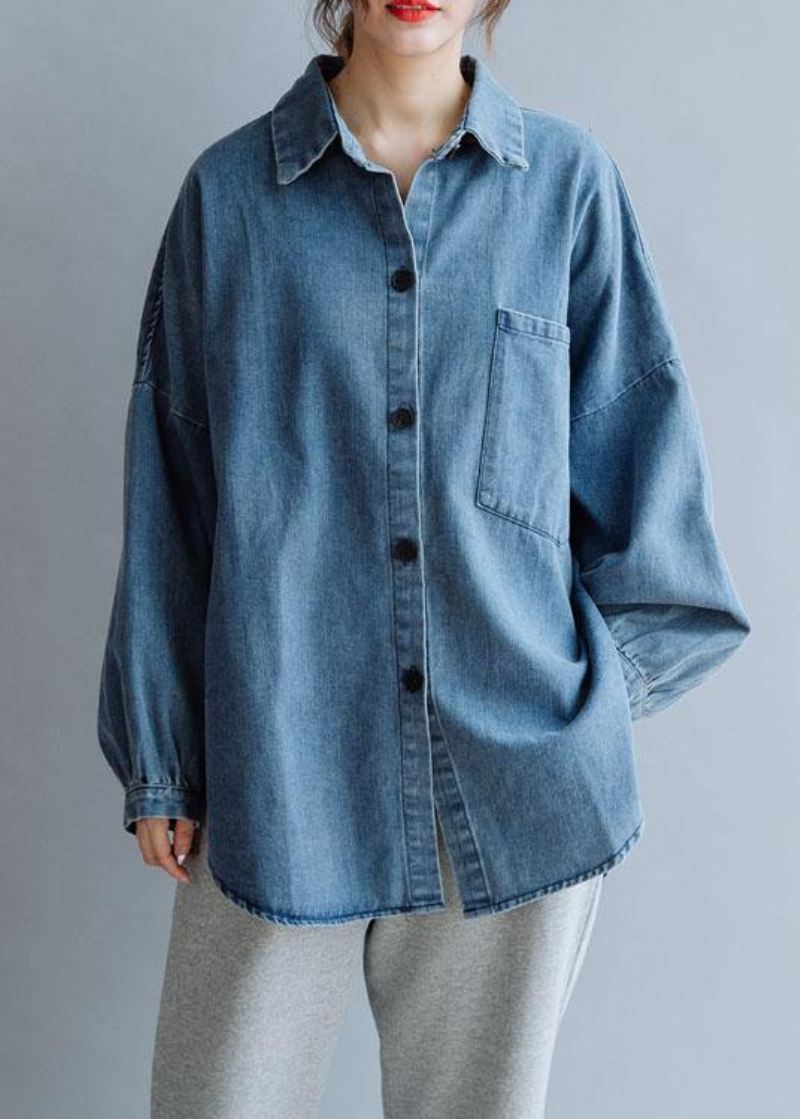 Fransk Lav Høy Design Bomull Skjorter Kvinner Mønster Denim Blå Bluse Høst