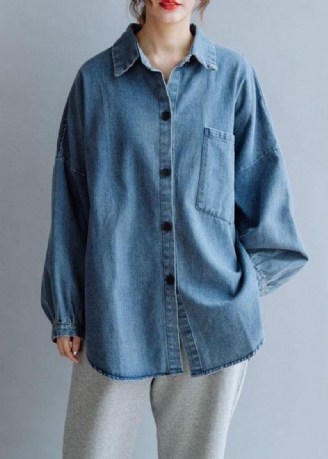 Fransk Lav Høy Design Bomull Skjorter Kvinner Mønster Denim Blå Bluse Høst