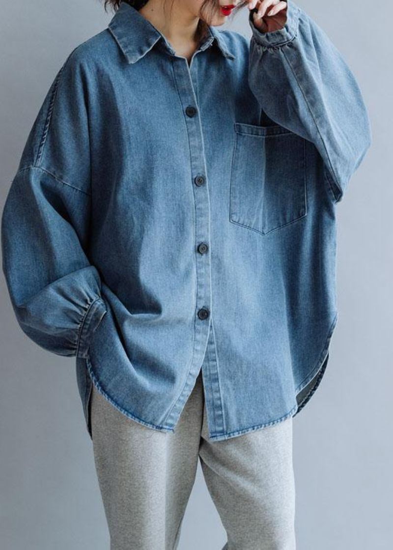 Fransk Lav Høy Design Bomull Skjorter Kvinner Mønster Denim Blå Bluse Høst - Denimgrå