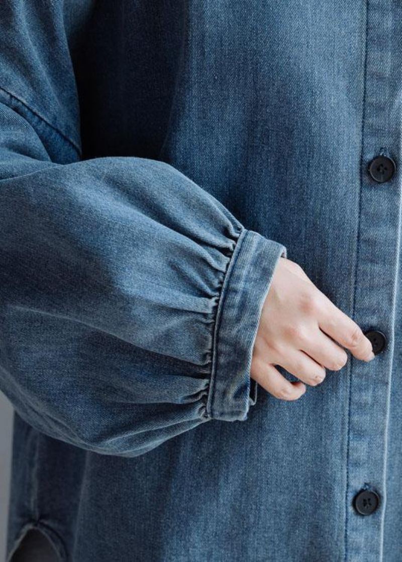 Fransk Lav Høy Design Bomull Skjorter Kvinner Mønster Denim Blå Bluse Høst - Denimgrå