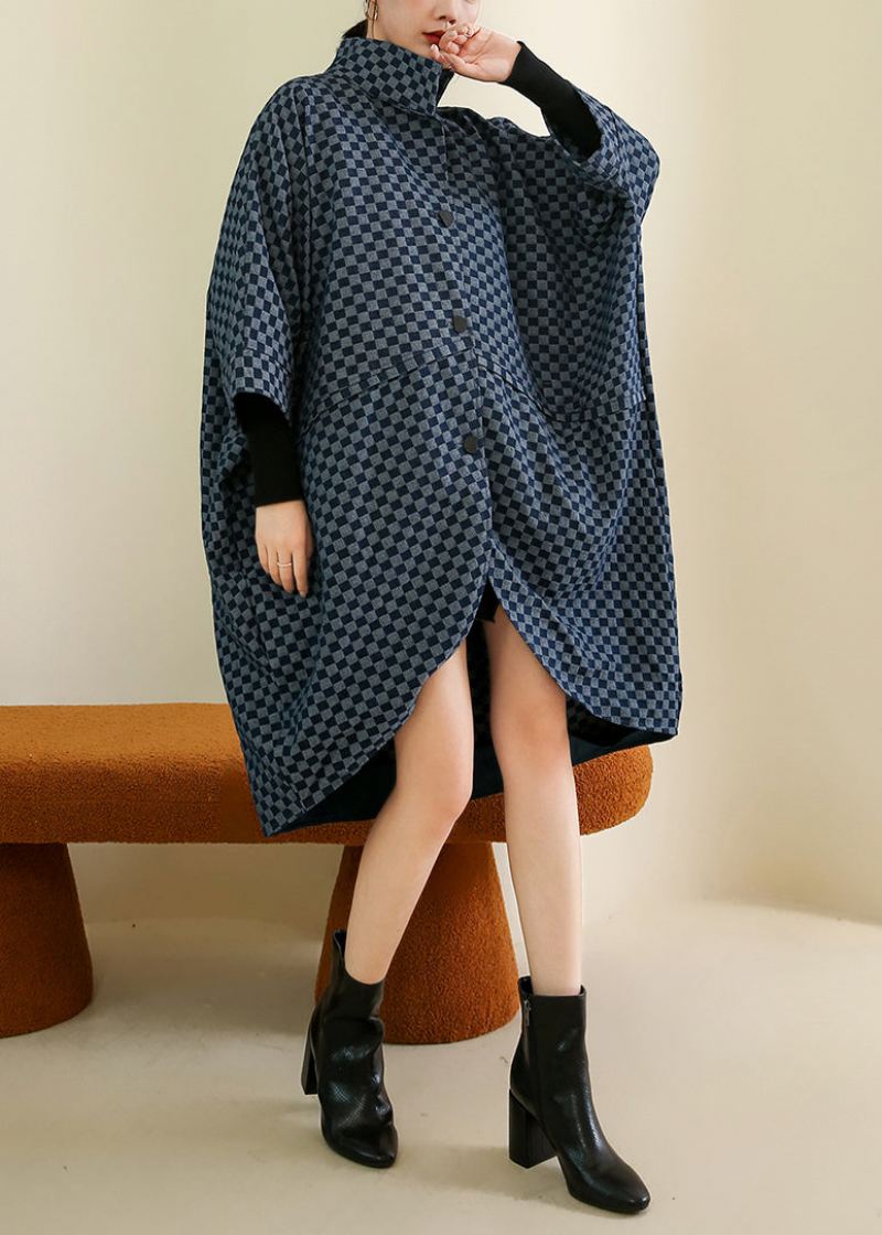 Fransk Navy Ruteknapp Patchwork Cotton Coat Batwing Sleeve