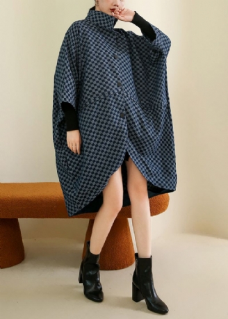 Fransk Navy Ruteknapp Patchwork Cotton Coat Batwing Sleeve