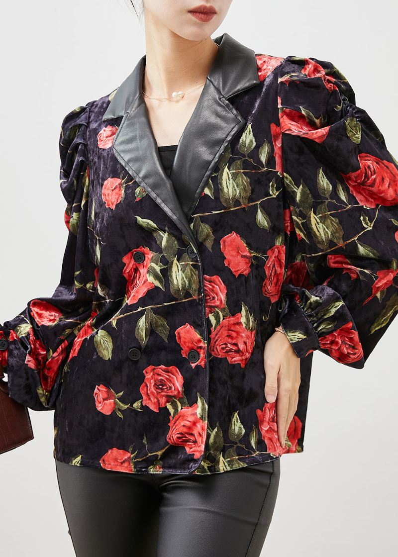 French Black Floral Dobbel Bryst Velour Coats Puff Sleeve