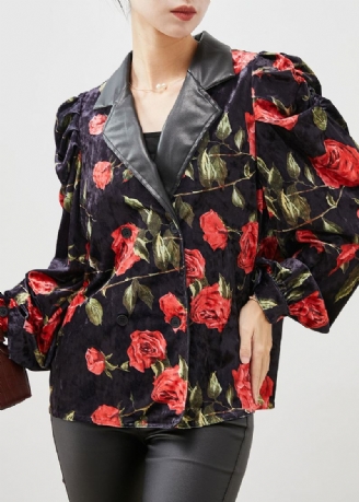 French Black Floral Dobbel Bryst Velour Coats Puff Sleeve