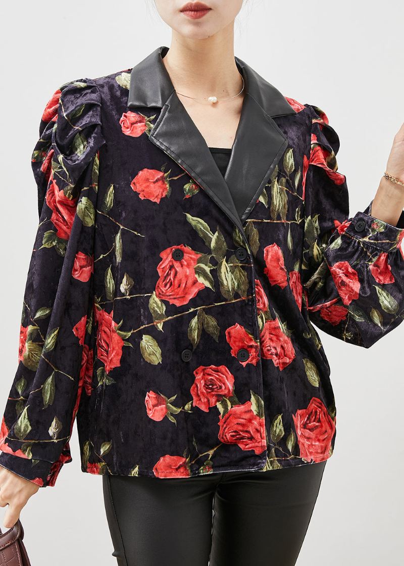 French Black Floral Dobbel Bryst Velour Coats Puff Sleeve - Vinterfrakker for kvinner