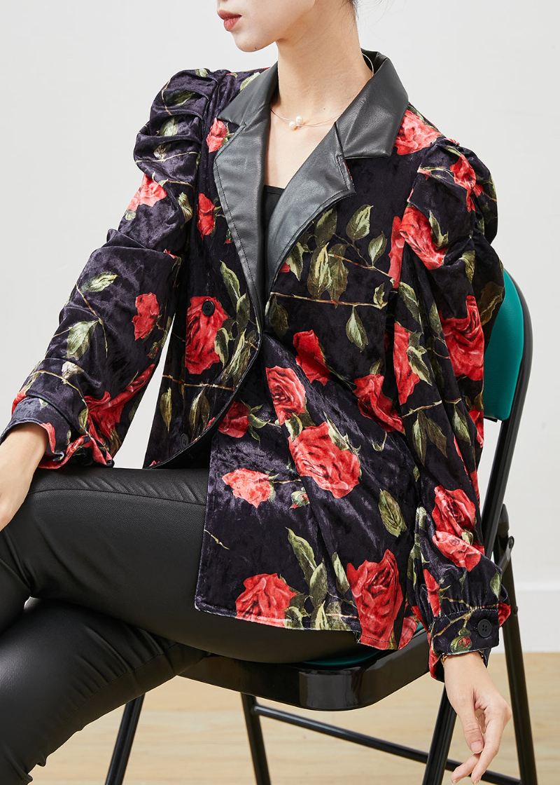 French Black Floral Dobbel Bryst Velour Coats Puff Sleeve - Vinterfrakker for kvinner