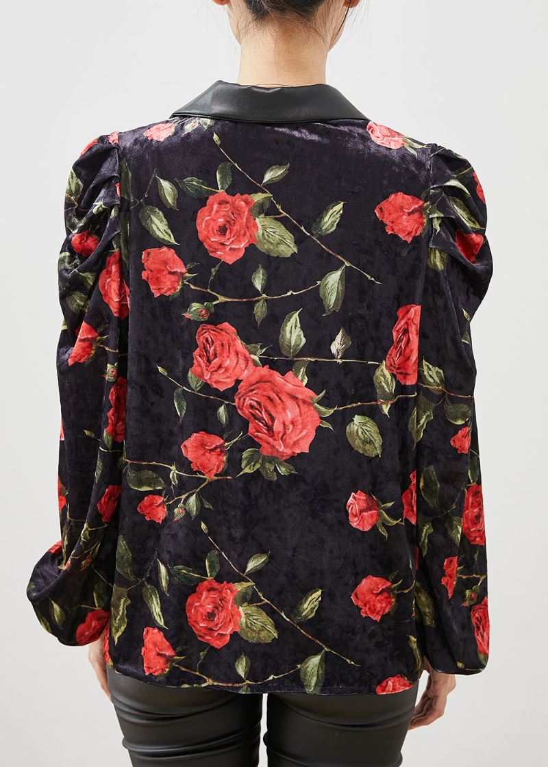 French Black Floral Dobbel Bryst Velour Coats Puff Sleeve - Vinterfrakker for kvinner