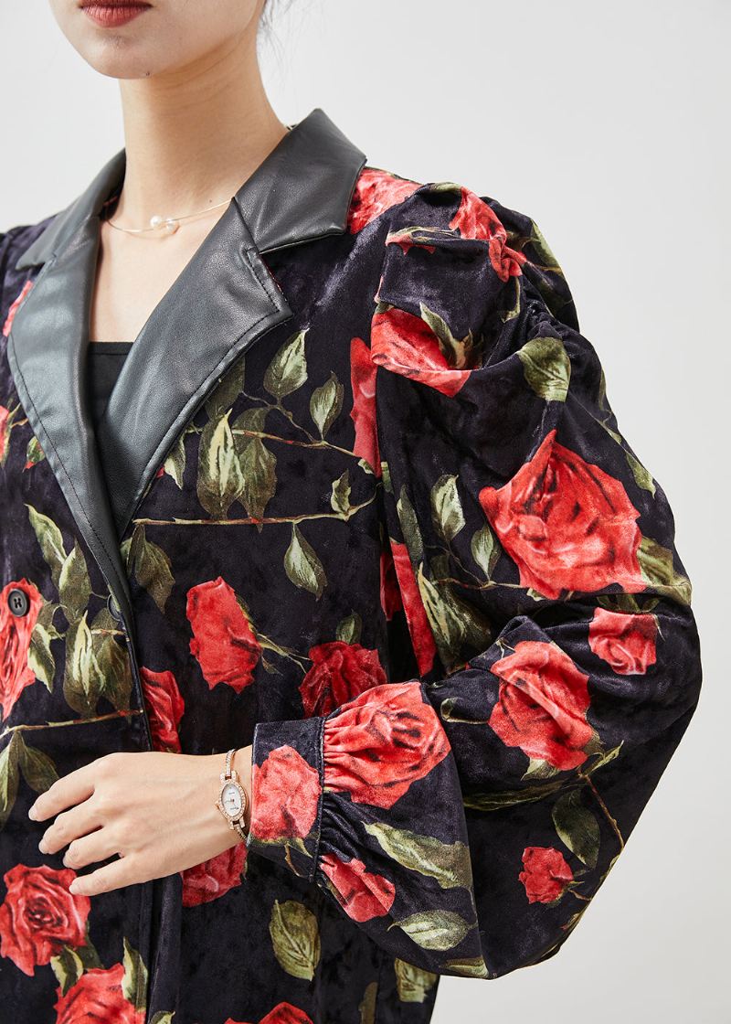 French Black Floral Dobbel Bryst Velour Coats Puff Sleeve - Vinterfrakker for kvinner