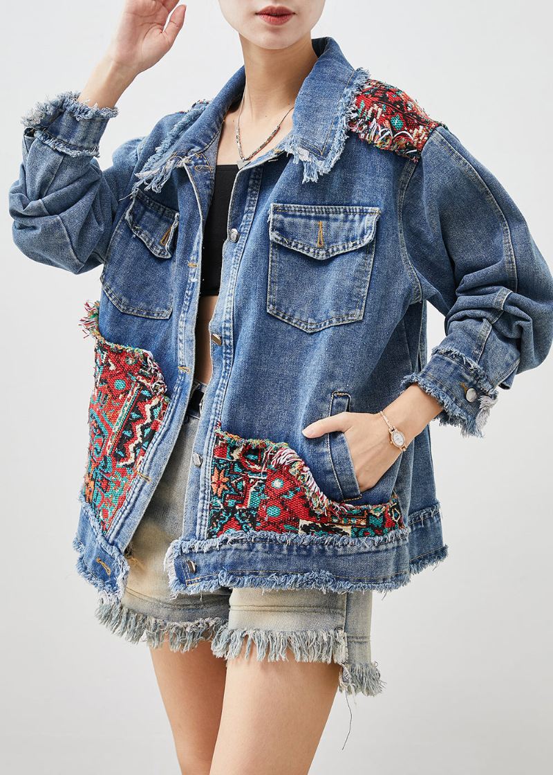 French Blue Oversized Patchwork Applique Denim Coats Spring - Vinterfrakker for kvinner