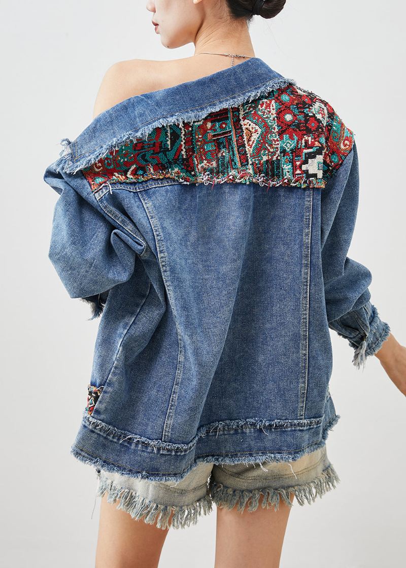 French Blue Oversized Patchwork Applique Denim Coats Spring - Vinterfrakker for kvinner