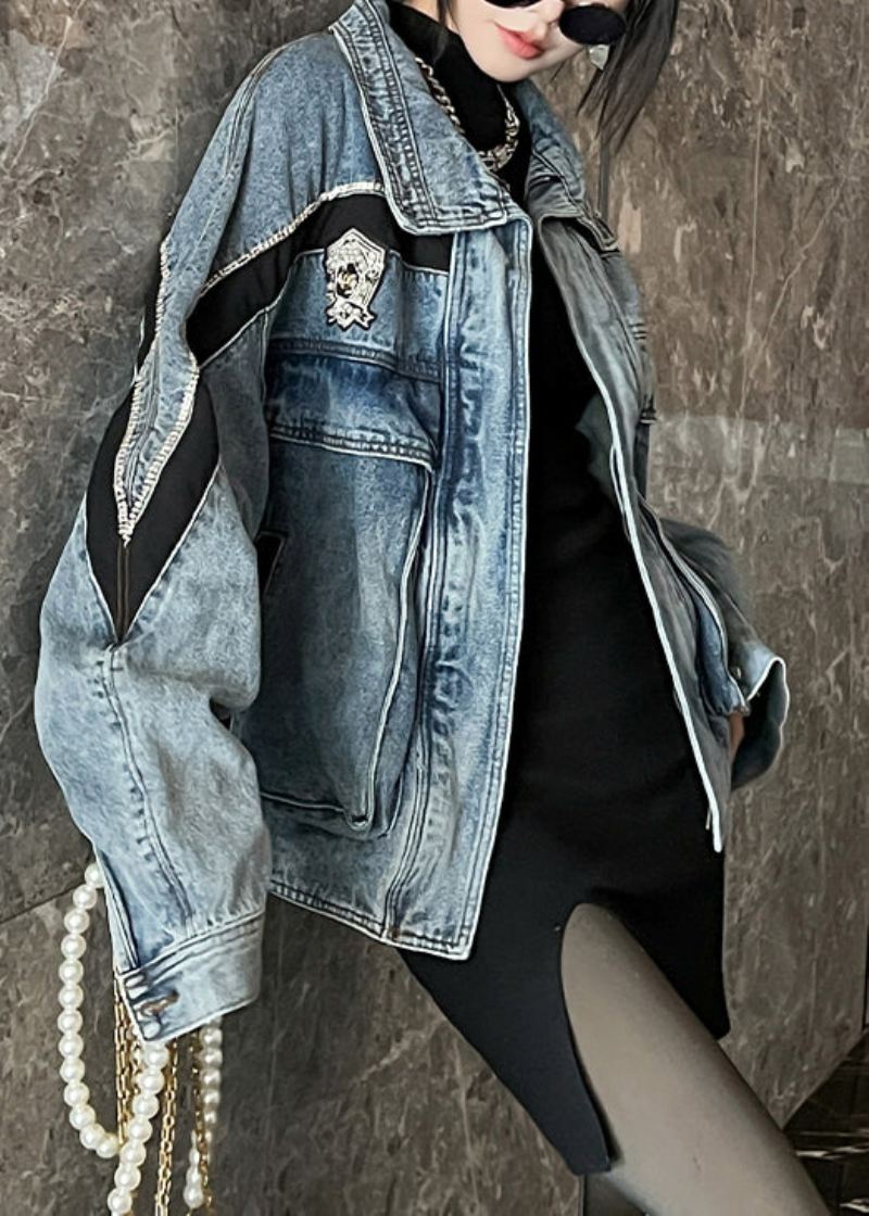 French Blue Zippered Zircon Patchwork Denim Coat Fall