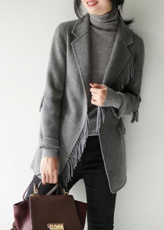 French Grey Notched Dusk Solid Woolen Blend Coat Fall