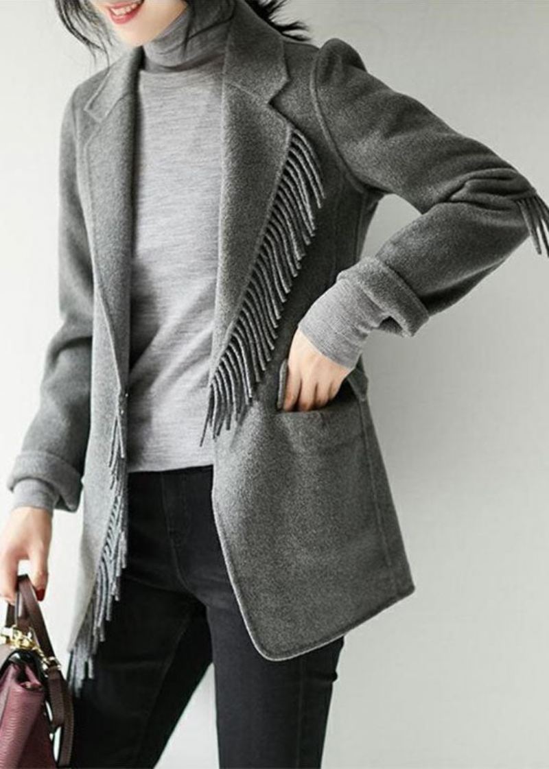 French Grey Notched Dusk Solid Woolen Blend Coat Fall - Grå