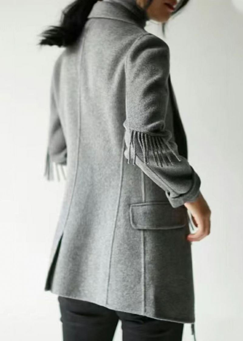 French Grey Notched Dusk Solid Woolen Blend Coat Fall - Grå