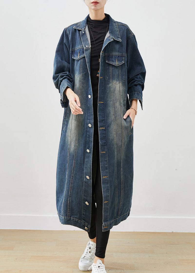 French Navy Oversized Button Down Denim Trench Spring - Vinterfrakker for kvinner