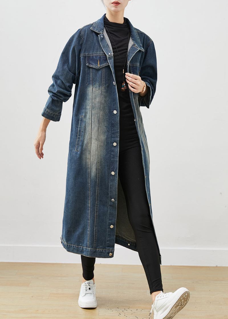 French Navy Oversized Button Down Denim Trench Spring - Vinterfrakker for kvinner