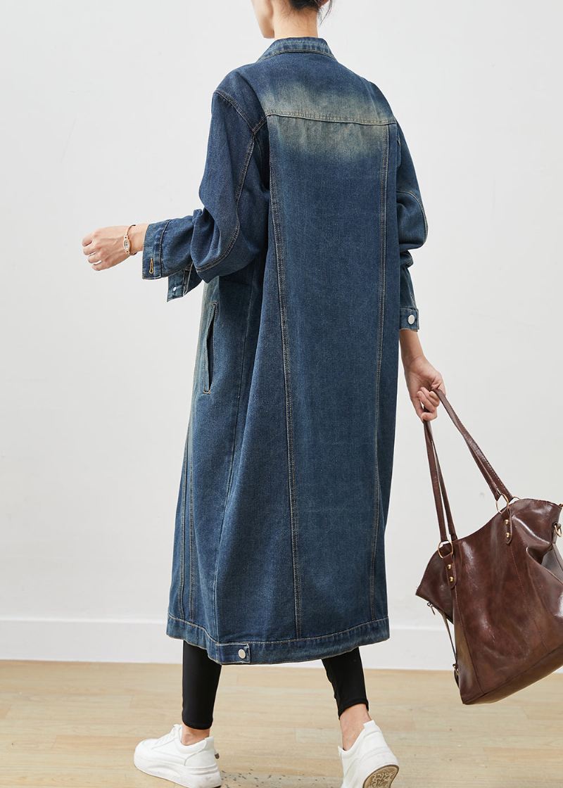 French Navy Oversized Button Down Denim Trench Spring - Vinterfrakker for kvinner