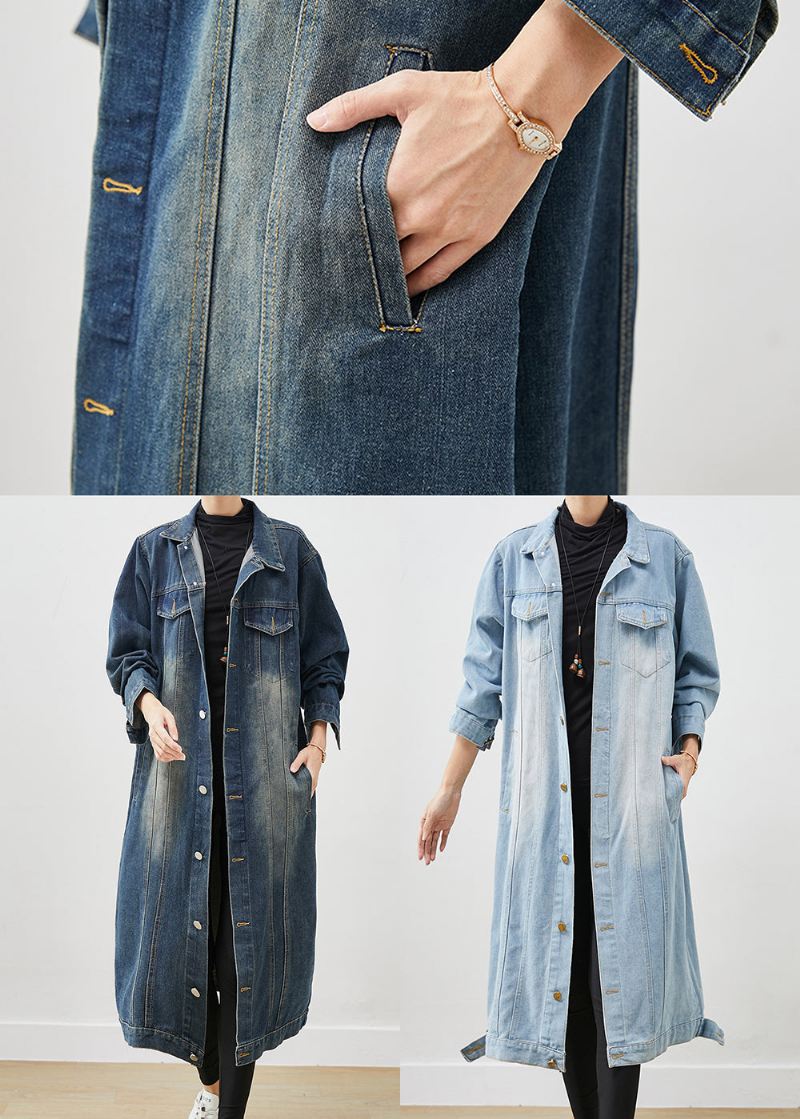 French Navy Oversized Button Down Denim Trench Spring - Vinterfrakker for kvinner