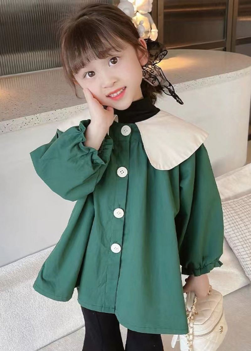 Green Button Cotton Girls Coats Peter Pan Collar Langermet