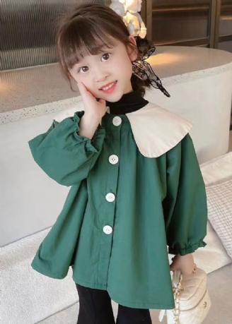 Green Button Cotton Girls Coats Peter Pan Collar Langermet