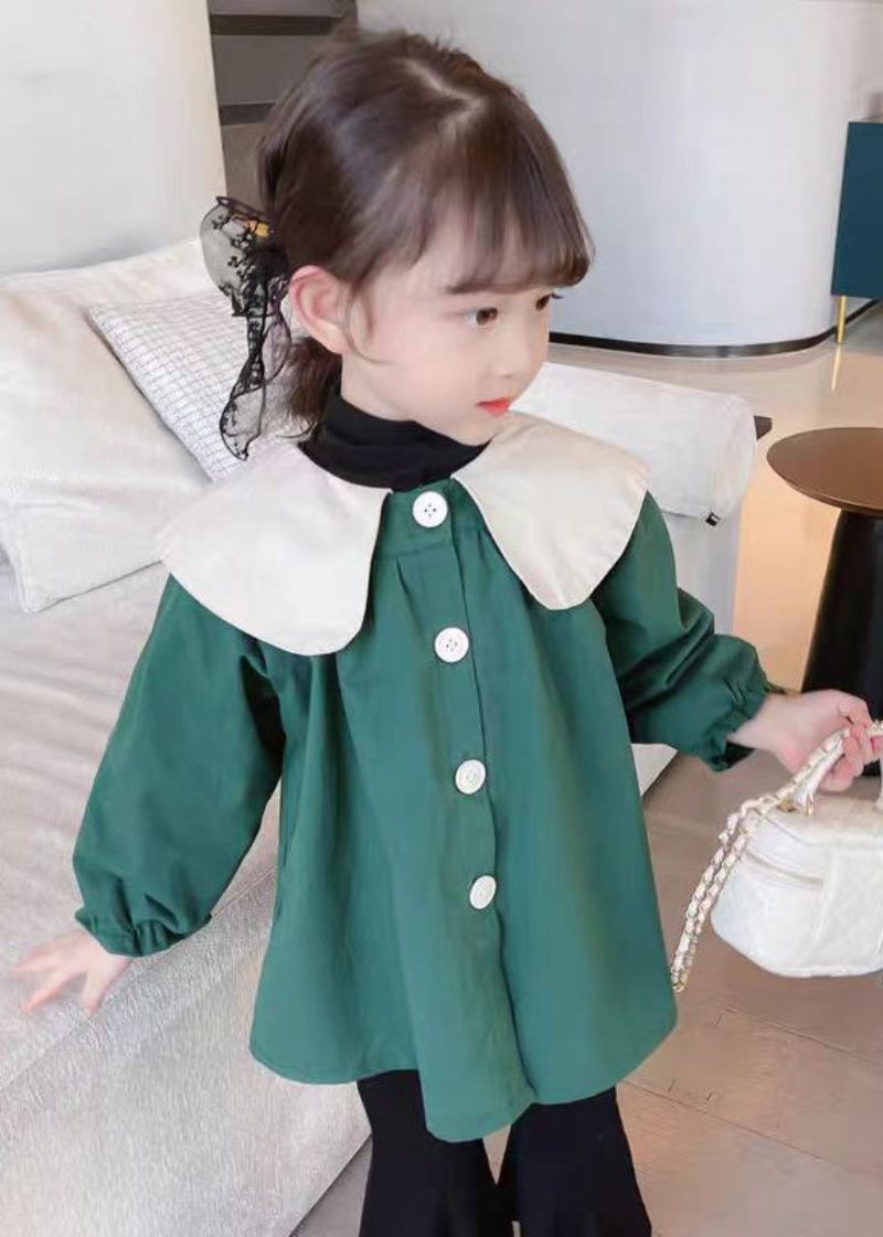 Green Button Cotton Girls Coats Peter Pan Collar Langermet - Vinterfrakker for kvinner