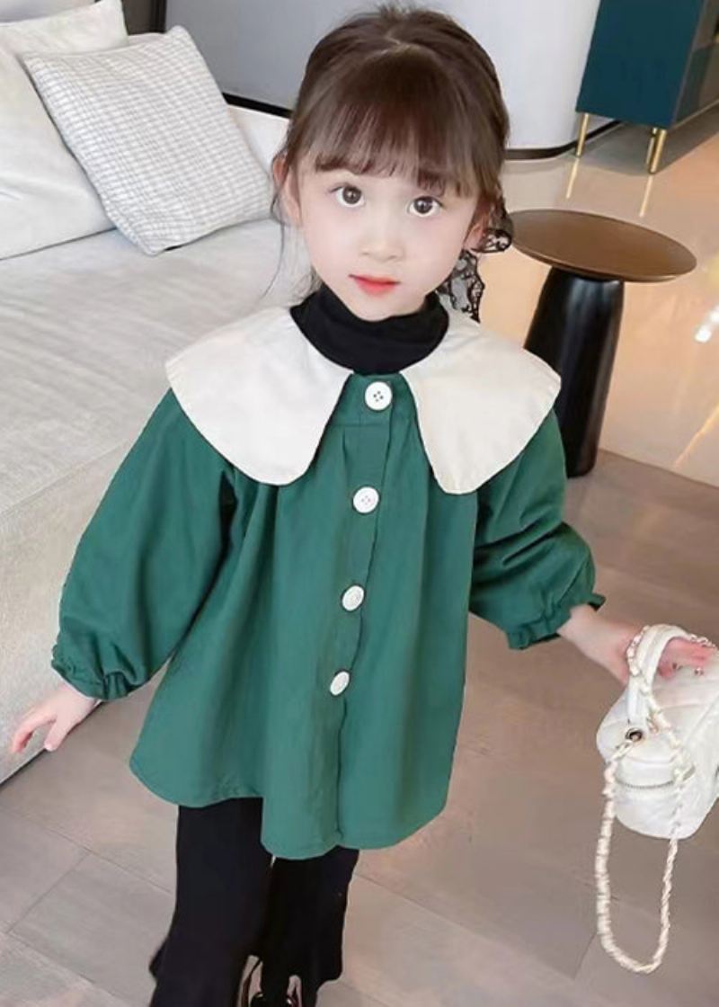 Green Button Cotton Girls Coats Peter Pan Collar Langermet - Vinterfrakker for kvinner