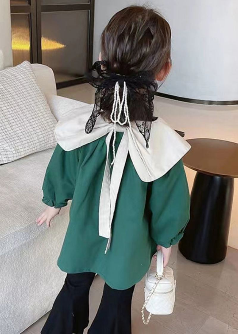 Green Button Cotton Girls Coats Peter Pan Collar Langermet - Vinterfrakker for kvinner