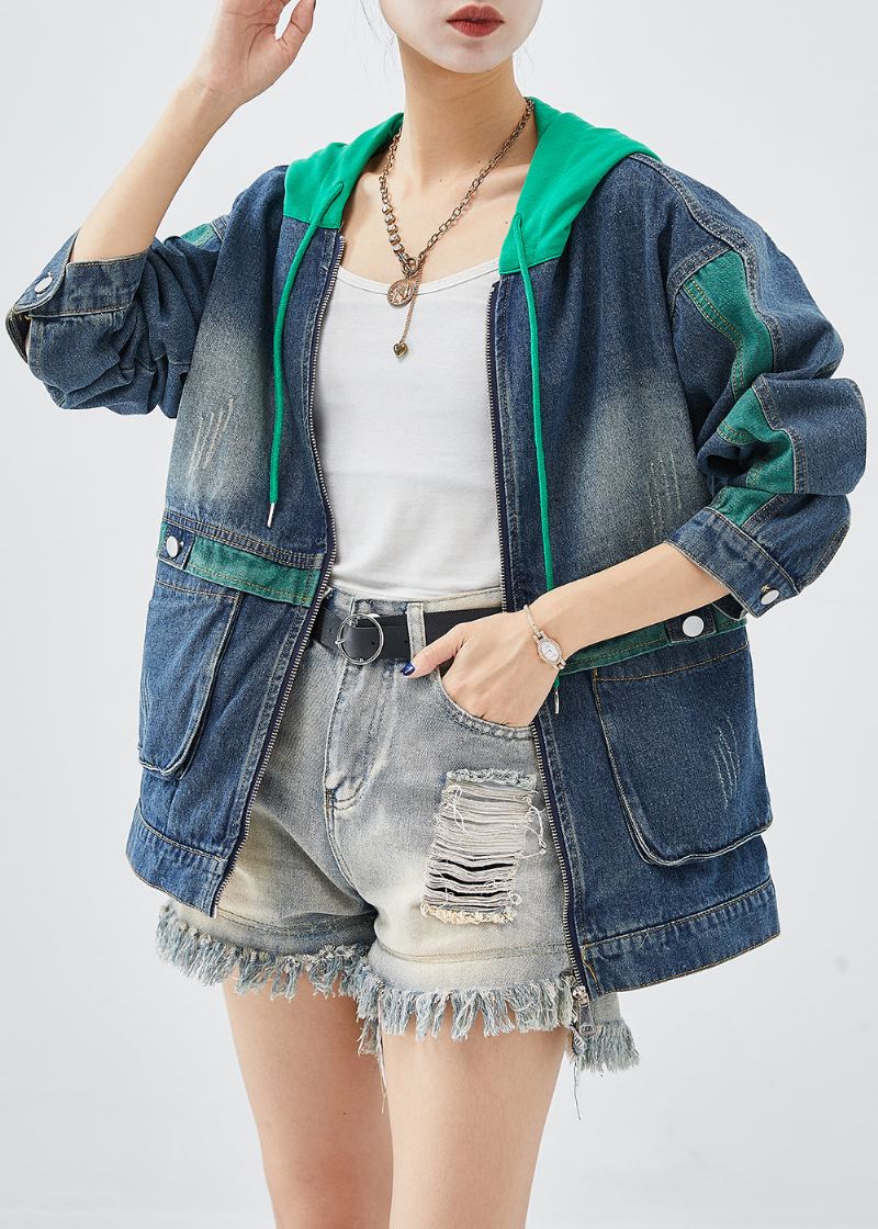 Grønn Patchwork Denim Coats Hettelommer Fall