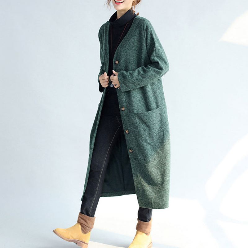 Grønn Vintage Dame Lang Parka Kåpe Pluss Størrelse V-hals Ull Trench Lange Cardigans - Vinterfrakker for kvinner