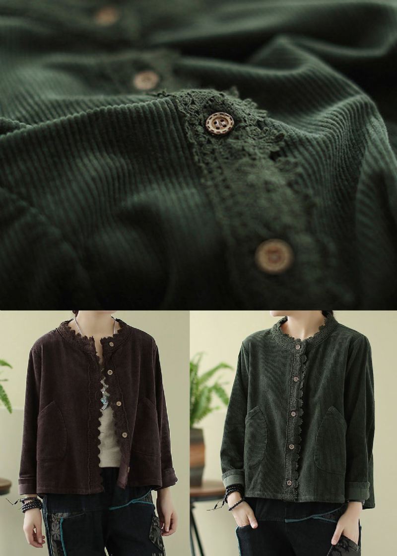 Grønne Lommer Patchwork Lace Corduroy Coats Langermet - Vinterfrakker for kvinner