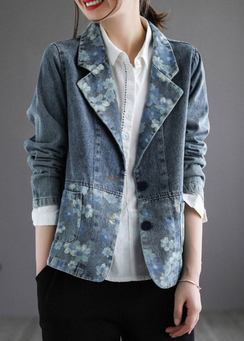 Håndlaget Blå Hakk Trykk Knapp Denim Coat Spring