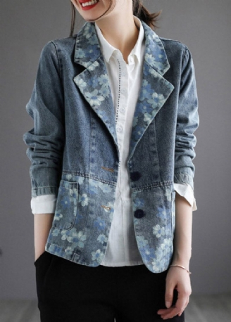 Håndlaget Blå Hakk Trykk Knapp Denim Coat Spring