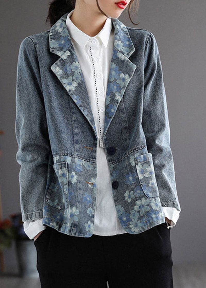 Håndlaget Blå Hakk Trykk Knapp Denim Coat Spring - Blå