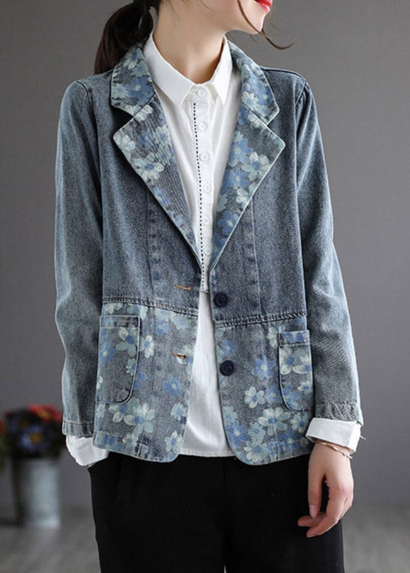 Håndlaget Blå Hakk Trykk Knapp Denim Coat Spring - Blå