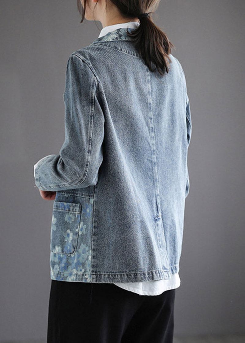 Håndlaget Blå Hakk Trykk Knapp Denim Coat Spring - Blå