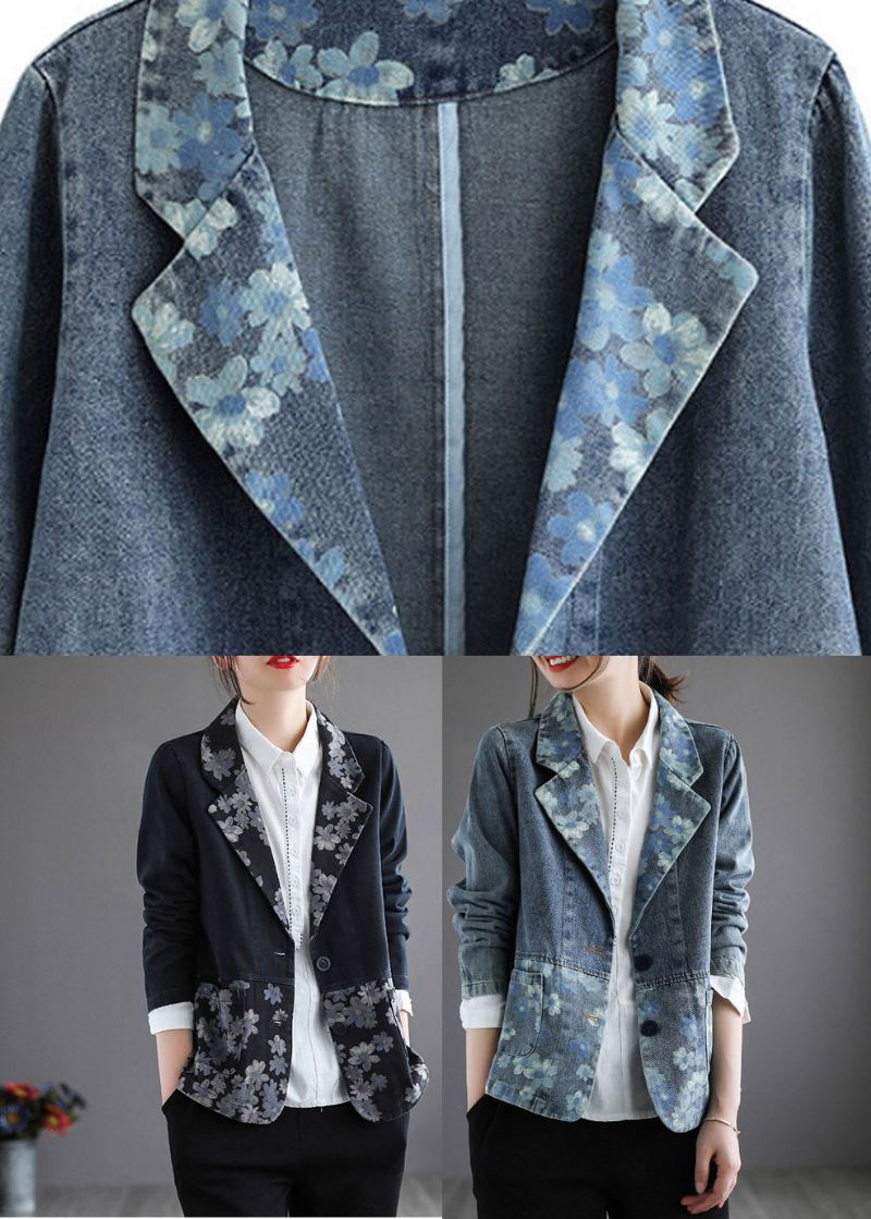 Håndlaget Blå Hakk Trykk Knapp Denim Coat Spring - Blå