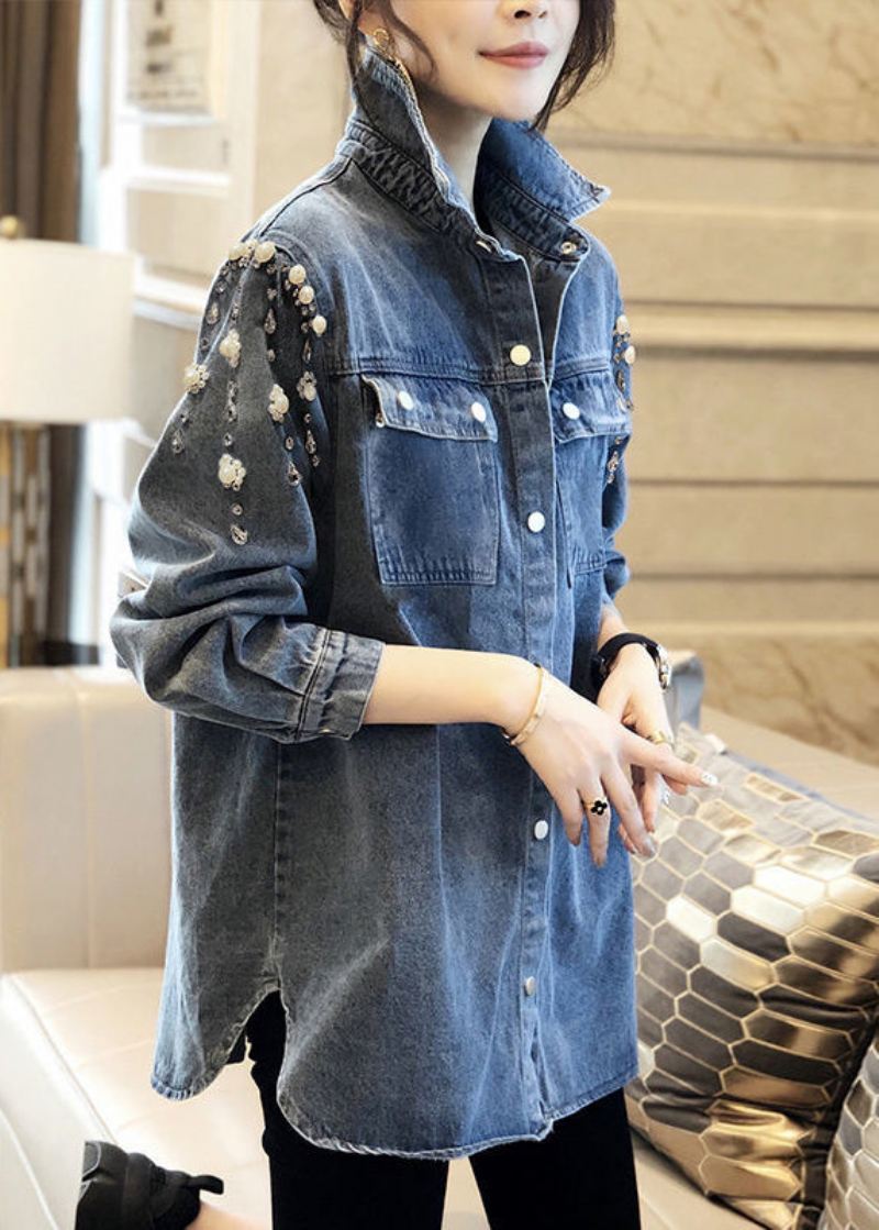 Håndlaget Blue Square Collar Pearl Patchwork Denim Coats Langermet