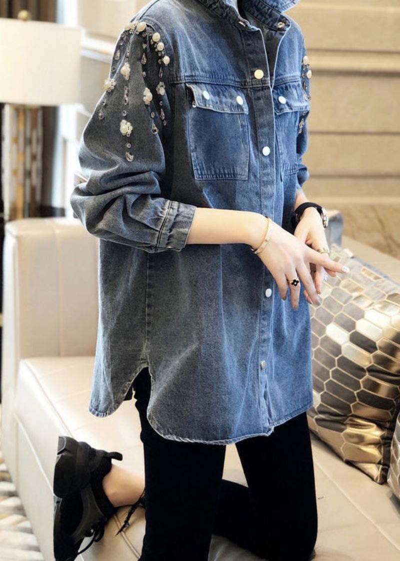 Håndlaget Blue Square Collar Pearl Patchwork Denim Coats Langermet - Vinterfrakker for kvinner