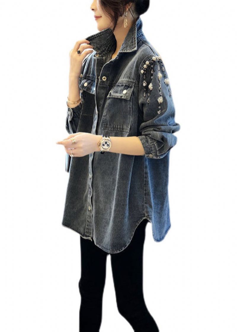 Håndlaget Blue Square Collar Pearl Patchwork Denim Coats Langermet - Vinterfrakker for kvinner