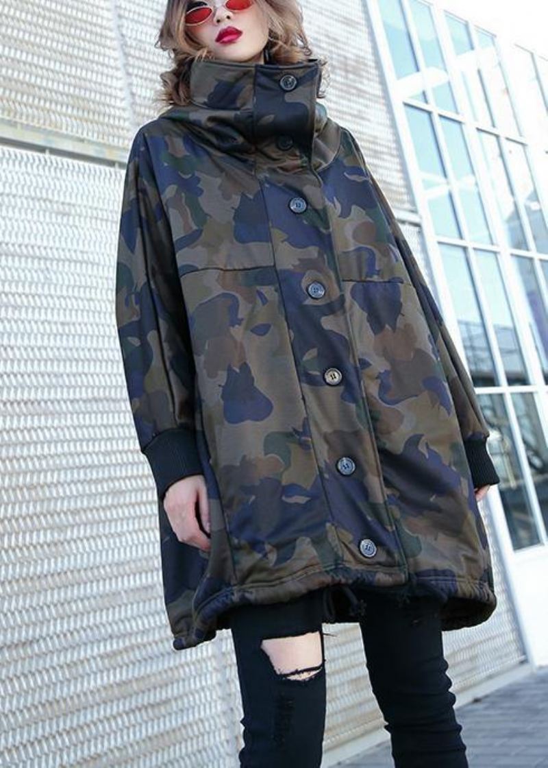 Håndlaget Knapplommer Fin Frakk For Kvinne Camouflage Silhouette Coat